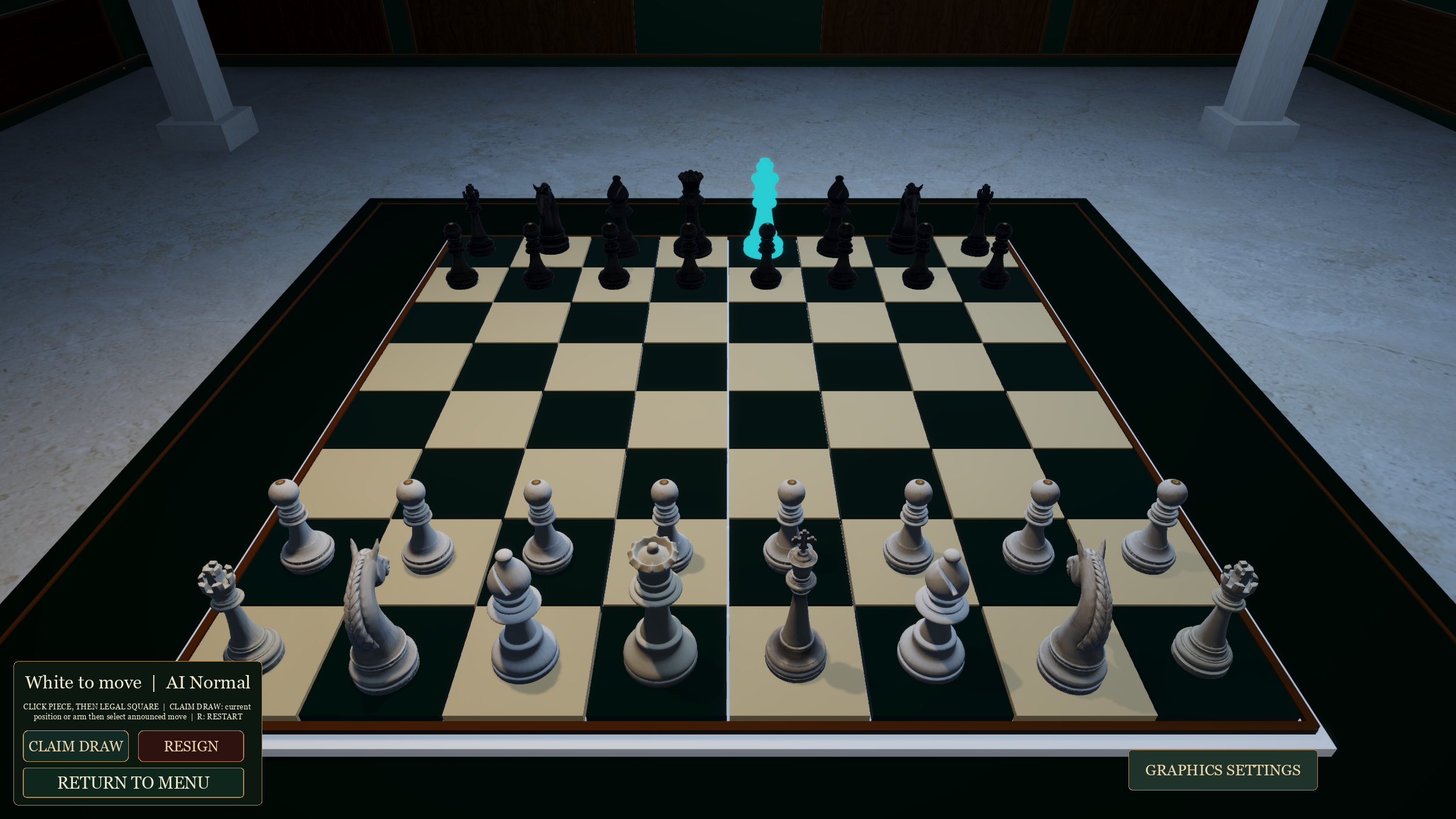 A 3D chess game with black and white pieces, a highlighted king, and game controls