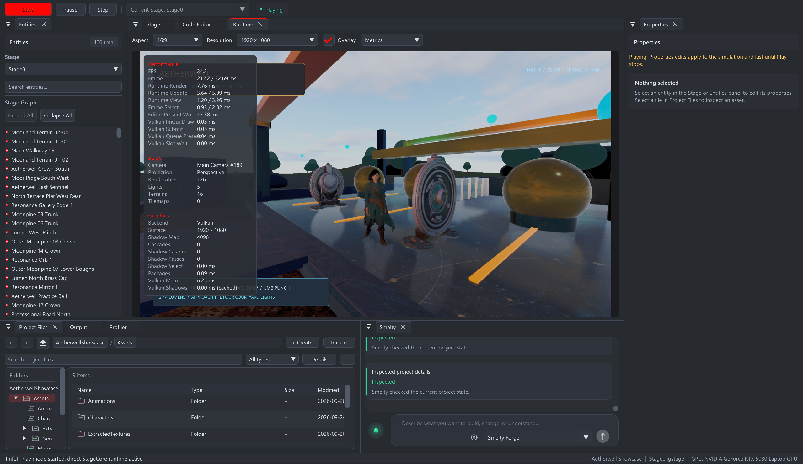 Aetherwell project running through the game camera in Iron Grid Runtime view