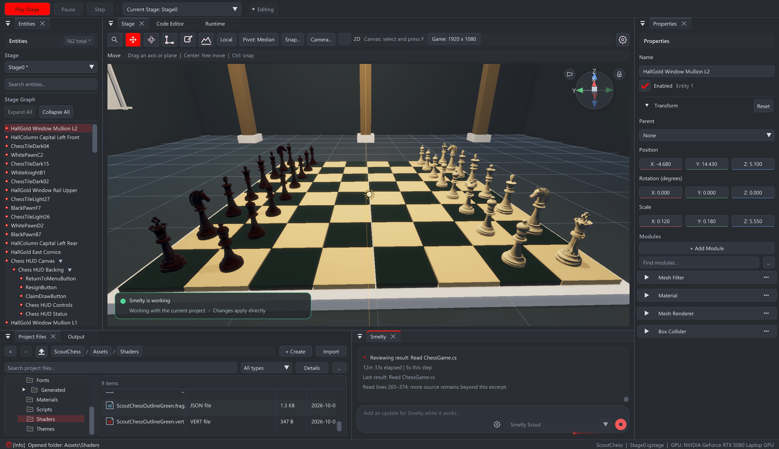 Iron Grid Stage editor showing a 3D chess board, entity hierarchy, Properties, and Smelty